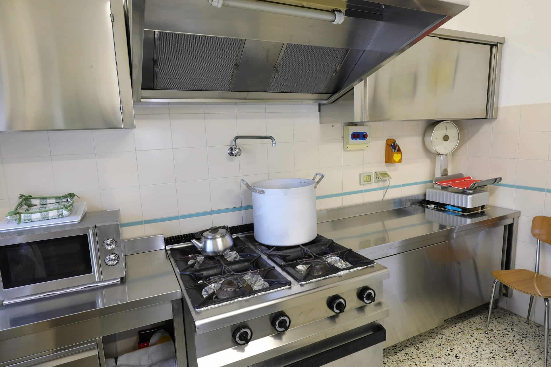 Stainless pot on top of the stove clean kitchen hood filter